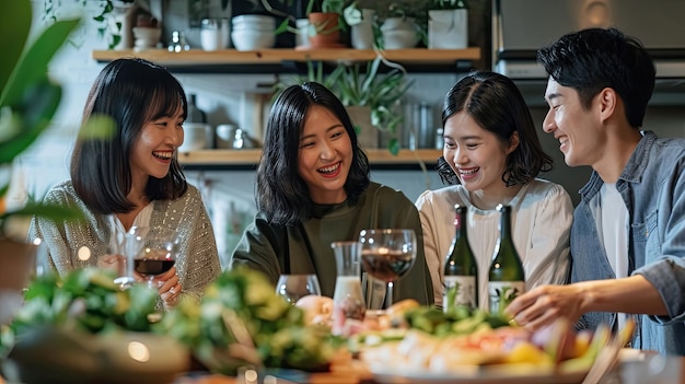 Foto asiatische freunde zusammen zu hause zu abend essen