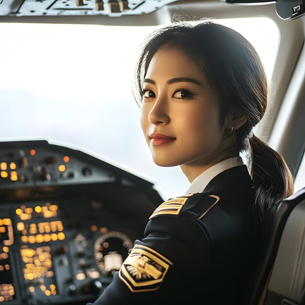 Foto asiatische selbstbewusste weibliche pilot in uniform, die sich auf den passagiersitz lehnt, während sie in der