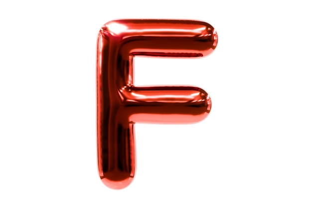 Ballonschrift Metellischer roter Buchstabe F aus realistischem Heliumballon, Premium-3D-Illustration.