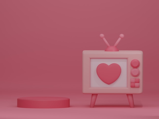 Foto banner do dia dos namorados com televisão retrô em pano de fundo rosa. renderização 3d.