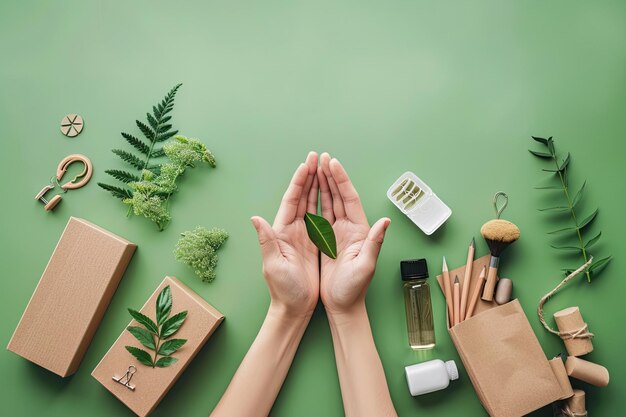 Foto banner with female hands holding zero waste office supplies