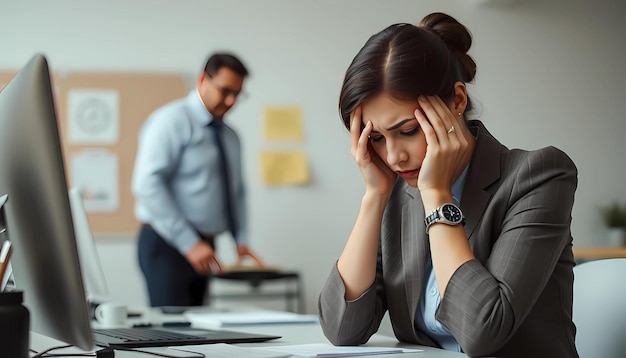 Foto bei der arbeit emotionaler druck wütender chef stress und müde unglückliche frau angestellte