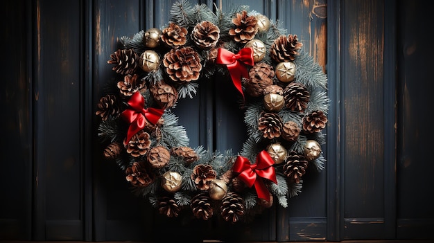 Foto bela coroa de natal decorada com cones de pinheiro e arcos vermelhos