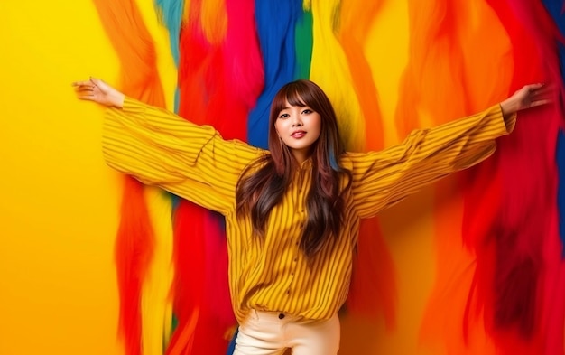 Foto belo modelo feminino da coreia do sul com roupa de cores vibrantes e fundo