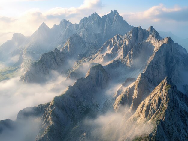 Foto berggipfel, die durch den niedrigen morgennebel auftauchen