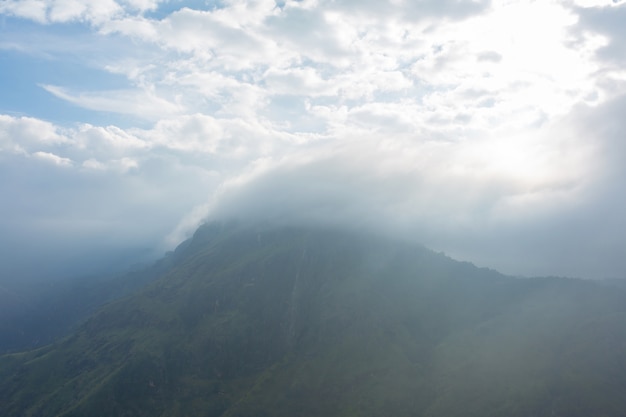 Berglandschaft, grüne Hänge. Schönheit der Berge. Kleiner Adam Gipfel, Berg im Nebelblick aus dem Dschungel