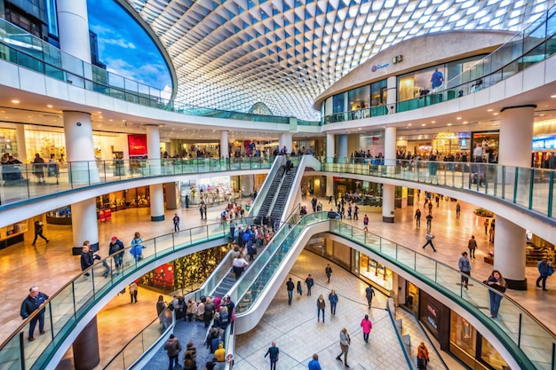 Foto besetzte käufer des bullring-einzelhandelszentrums navigieren über moderne rolltreppen in birmingham, großbritannien