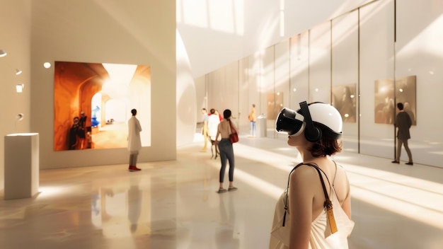 Foto besucher mit vr-headset erkundet eine futuristische museumsausstellung, die von menschen umgeben ist