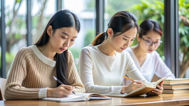 Foto bildung konzepte schöne asiatische mädchen sind klar in ihrem studium das studium von asiatischen frauen sieht ernst aus asiatische frauen kopfschmerzen wegen der ernsthaften studium bildung von asiatische frauen