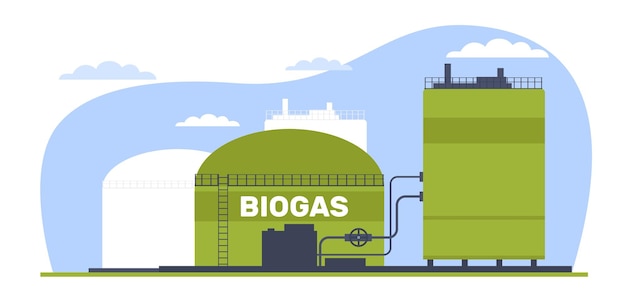 Foto biogas-anlage grüne energie alternativer diesel umweltschutz öko-bio-petroleum an tankstellen erneuerbare quelle biokraftstofflagerung cartoon flache illustration vektorkonzept