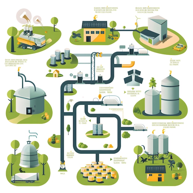 Foto biogasproduktion und -verteilungszyklus flacher vektor isoliert auf weißem hintergrund filmisch