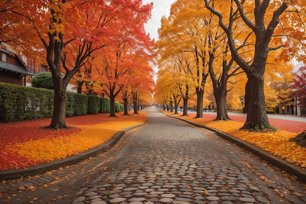 Blick auf eine gepflasterte Straße mit Bäumen im Herbst