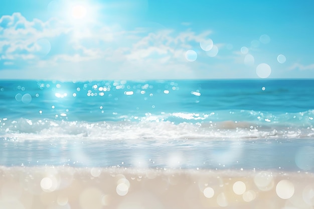 Foto blur tropischer strand mit bokeh-sonne, lichtwellen und abstraktem hintergrund