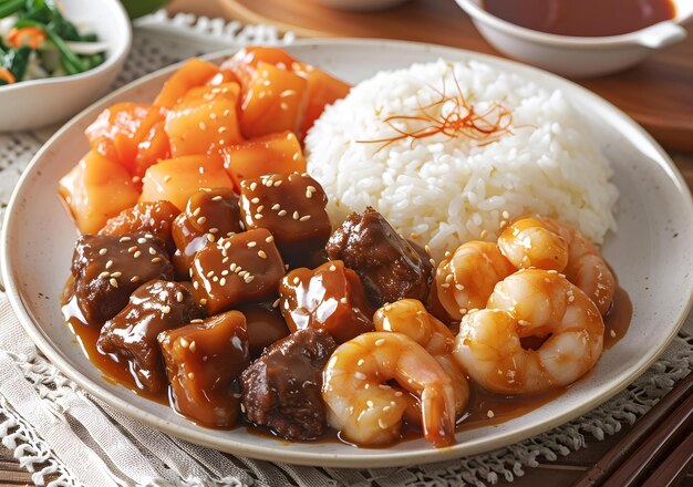 Foto bol de arroz com camarão e porco