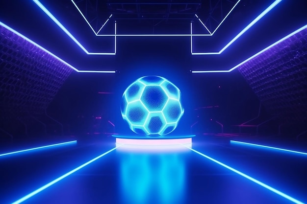 Bola de futebol em um palco de show com luzes neon generativas ai