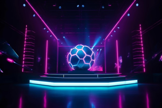 Bola de futebol em um palco de show com luzes neon verticais generativas ai