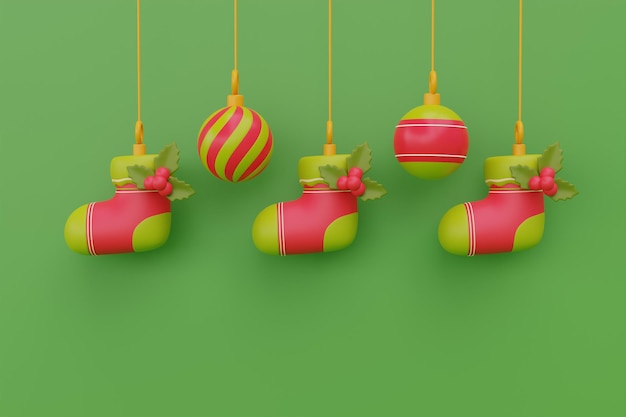 Foto bolas ornamentais e meias penduradas em enfeites de fita para renderização em 3d de natal e ano novo