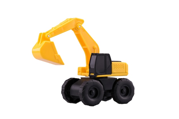 Brinquedo resistente do backhoe da construção isolado com o trajeto de grampeamento no fundo branco.