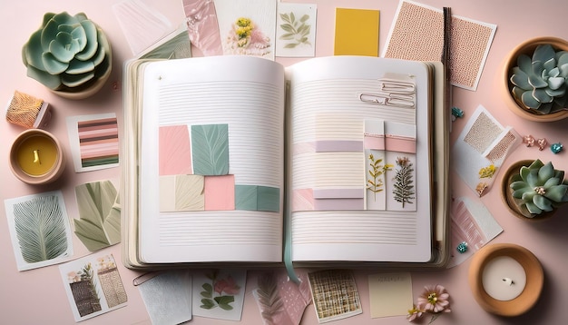 Foto bullet journal layout eine top-down-ansicht eines leeren kreativen tagebuchs mit dekorativen elementen bleistifte kaffeetasse grafik-art-illustrationsplaner im retrostil