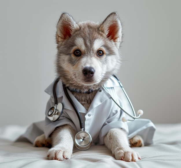 Foto cachorro husky bonito vestido de médico