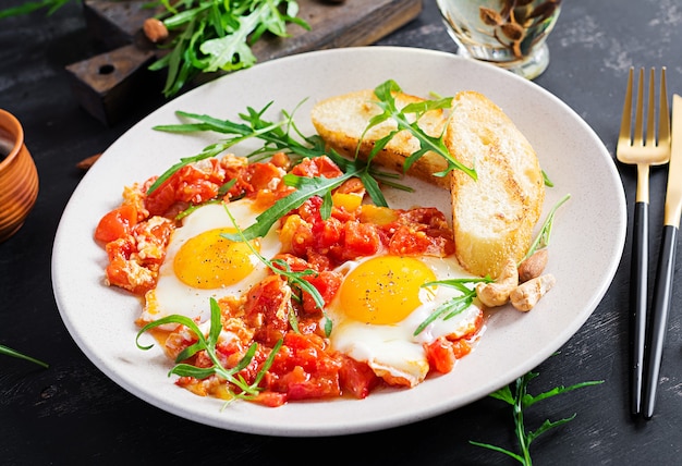 Café da manhã tardio - ovos fritos com vegetais. Shakshuka. Cozinha árabe. Comida kosher.