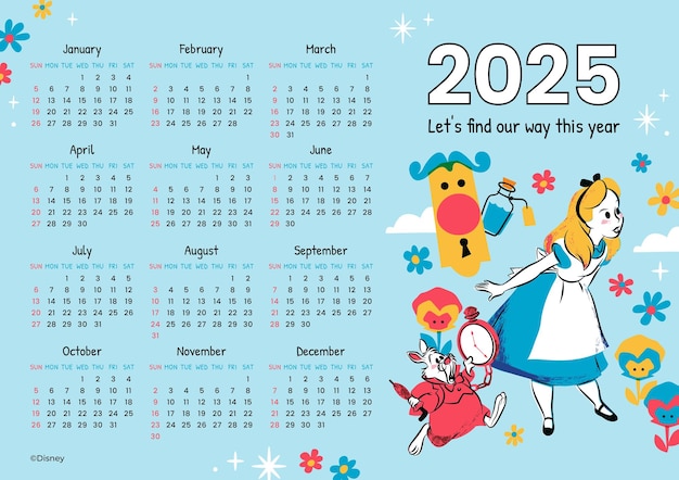 Foto calendário anual com os personagens clássicos de alice no país das maravilhas