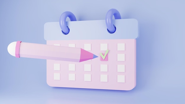 calendário com lápis em tons de azul pastel renderização em 3d