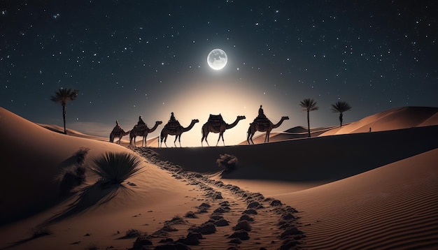 Camelos no deserto à noite