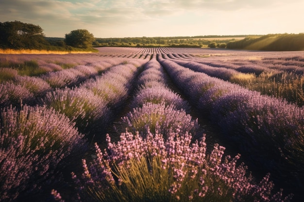 Campo de lavanda de tirar o fôlego com raios de sol atravessando as nuvens