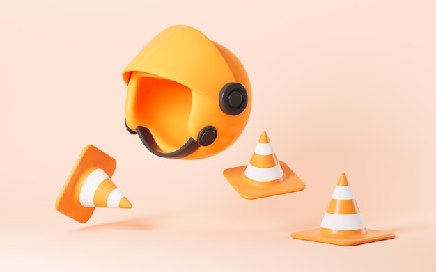 Foto capacete de desenho animado e cones de tráfego no fundo amarelo 3d renderização 3d ilustração