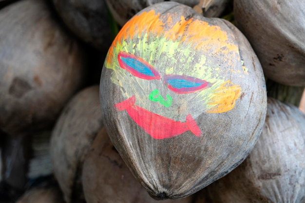 Cara colorida engraçada pintada em um coco velho em uma praia tropical Tailândia fechada