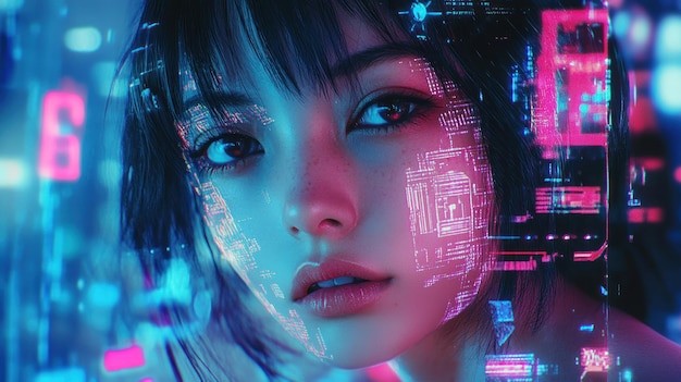 Foto cara de menina asiática com holograma de néon cyberpunk design de cartaz digital papel de parede de fundo imagem gerada por ia