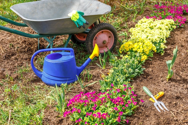 Carrinho de jardim de carrinho de mão de equipamento de canteiro de flores e jardineiro, regador, ancinho de jardim no jardim no dia de verão. Ferramentas de trabalhador agrícola prontas para plantar mudas ou flores. Conceito de jardinagem e agricultura