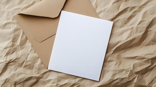 Foto cartão branco em branco e envelope em papel castanho enrugado