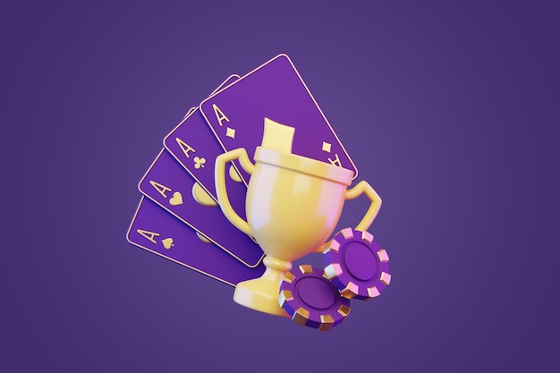 Cartas de jogo com tema roxo com troféu e fichas de pôquer Ilustração de renderização 3D