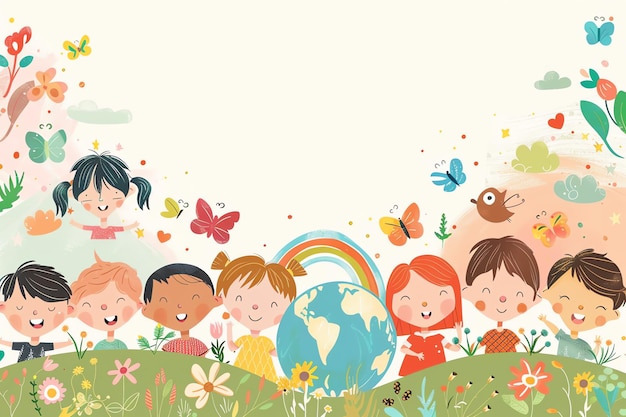 Foto cartoon lächelnde gesichter von kindern mit winzigen regenbogen mit weltglobus und schmetterlingen kindertag zurück