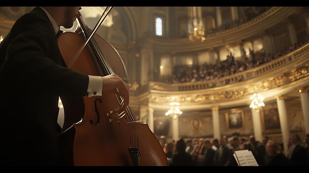 Foto cello wird in einem großen konzertsaal mit kunstvollen dekorationen und einem faszinierten publikum gespielt