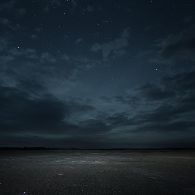 Foto céu noturno com estrelas e nuvens sobre uma praia com uma prancha de surf generativa ai