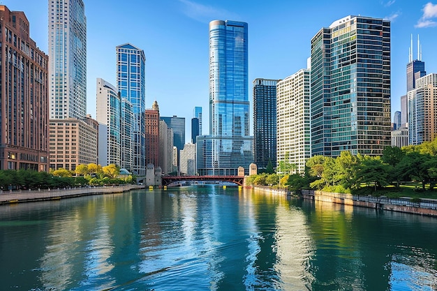 Foto chicago, illinois, eua, paisagem urbana no rio ao crepúsculo