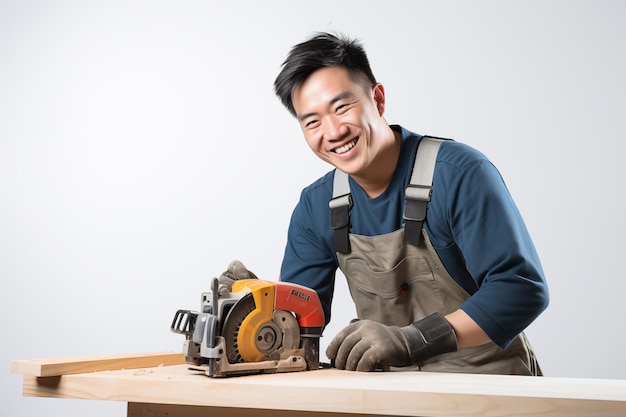 Foto chinesischer mann auf isoliertem weißen hintergrund mit handwerkswerkzeugen