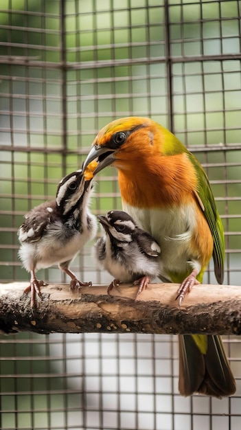 Foto cisticola exilis pássaro alimentando seus filhotes em uma gaiola bebê cisticola exlis pássaro à procura de comida de i