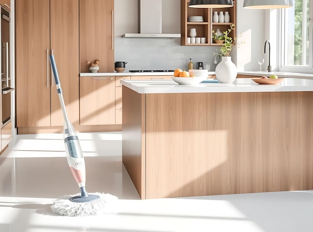 Foto cleansweep floor mop ao lado da elegante e moderna ilha de cozinha com chão brilhante