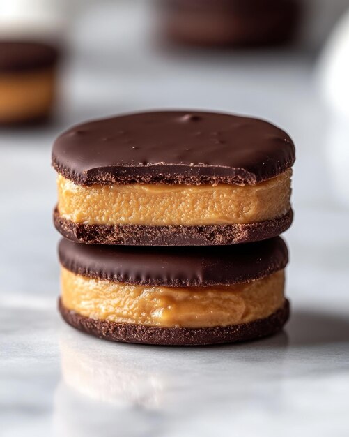 Foto close-up de um alfajor clássico com recheio de dulce de leche e meio revestido de chocolate