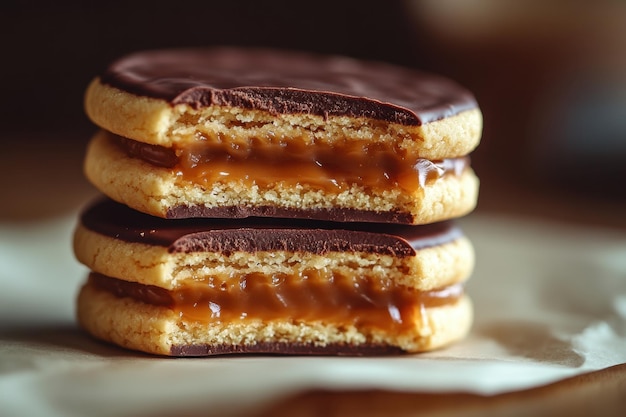 Foto close-up de um alfajor clássico com recheio de dulce de leche e meio revestido de chocolate