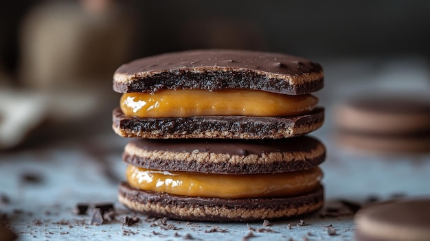 Foto close-up de um alfajor clássico com recheio de dulce de leche e meio revestido de chocolate