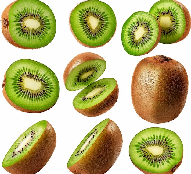 Foto conjunto de kiwis inteiros e de kiwis em fatias isolados sobre fundo branco