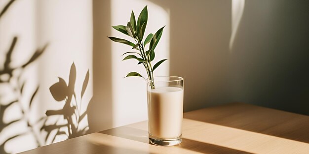 Foto copo de leite com planta em uma mesa de madeira com luz solar e sombras