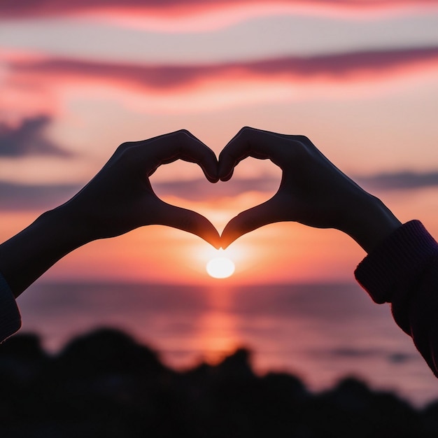 Foto coração mãos ao pôr do sol uma foto de alta qualidade de amor infinito