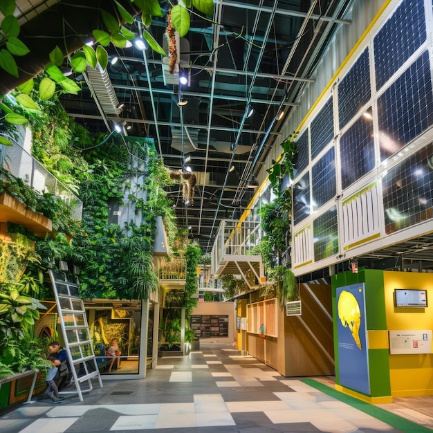 Foto corredor interior com jardins verticais verdes exuberantes e painéis solares nas paredes