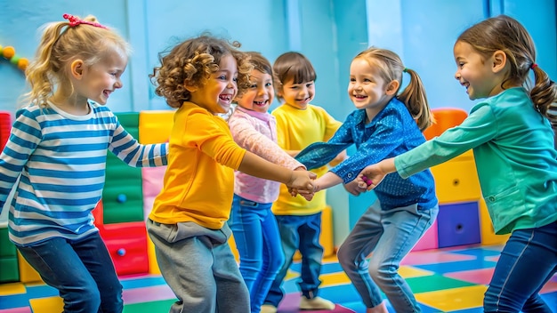 Crianças alegres brincando juntas numa sala de jogos colorida ideal para uso em materiais sobre a primeira infância